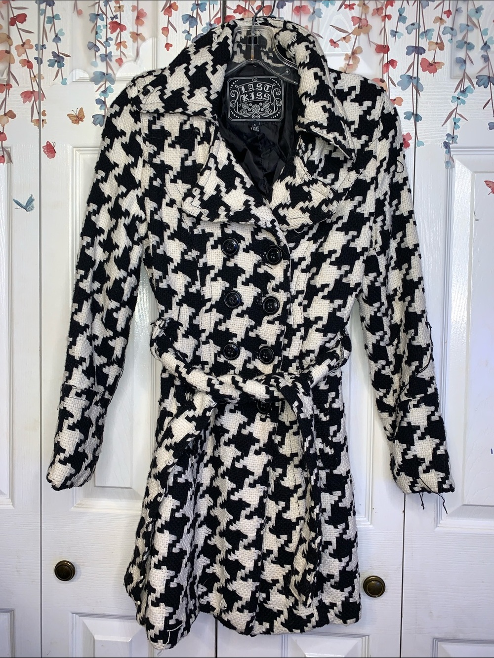 last kiss Black and White Houndstooth Double-Breasted Trench Dress